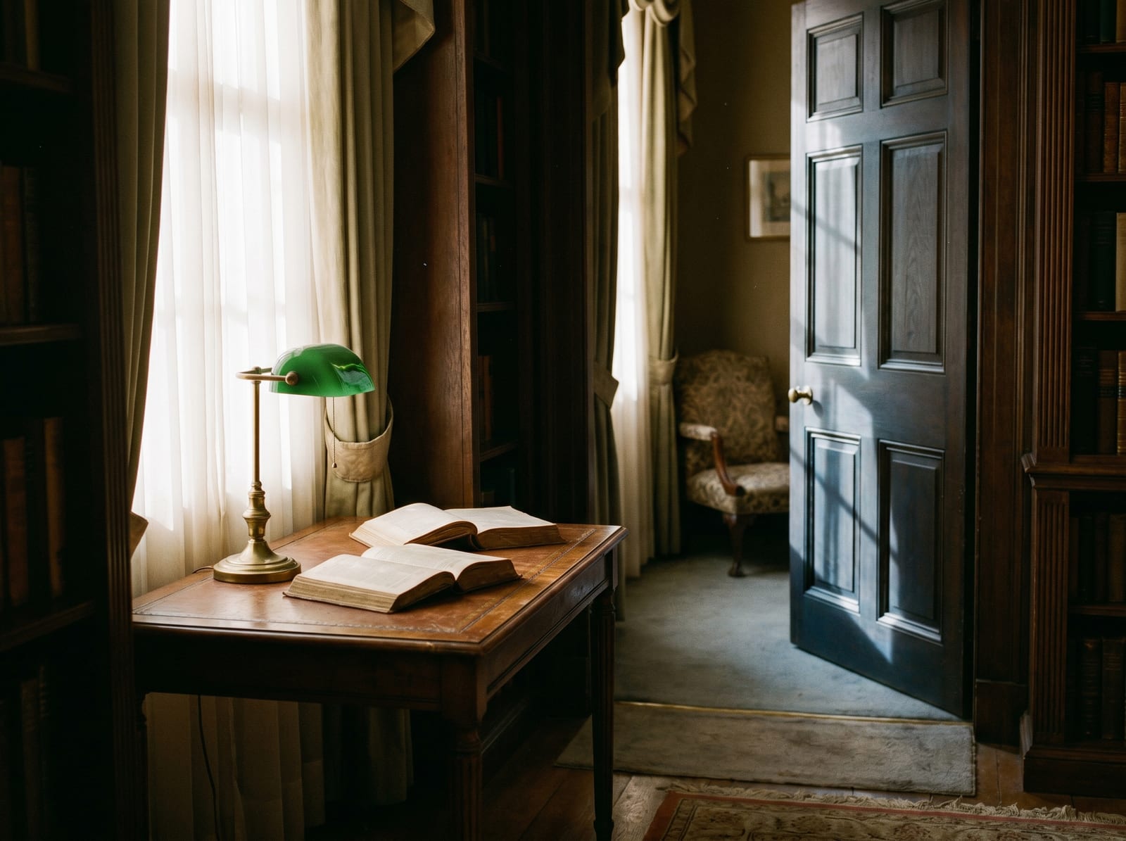 An empty period study at the end of a winter afternoon — a leather-topped desk holds open books and a brass lamp, the door slightly ajar.